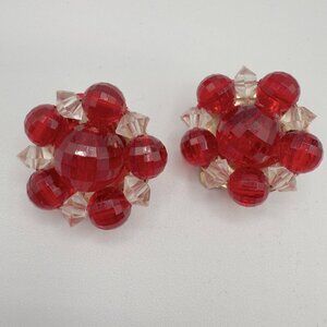 Vintage Signed Lisner Red Cluster Earrings with Glossy Beads